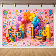 Lofaris Toile de fond pour la rentrée scolaire rose avec ballons arc-en-ciel et éléments éducatifs, de photographie pour enfants