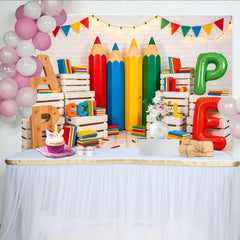 Lofaris Toile de fond pour la rentrée scolaire avec grands crayons et livres colorés, magnifique décor pour studio photo et ambiance éducative
