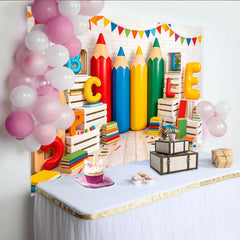 Lofaris Toile de fond de photographie thème école avec crayons géants et lettres, décor coloré pour studio photo enfants et rentrée scolaire