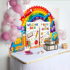 Lofaris Toile de fond colorée pour la rentrée scolaire avec ballons arc-en-ciel et crayons, magnifique décor de fête d'école pour studio photo