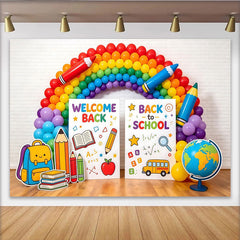 Lofaris Toile de fond colorée pour la rentrée scolaire avec ballons arc-en-ciel et crayons, magnifique décor de fête d'école pour studio photo