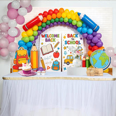 Lofaris Toile de fond pour la rentrée scolaire, ballons arc-en-ciel et fournitures, décor éducatif pour événement et studio photo