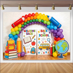 Lofaris Toile de fond pour la rentrée scolaire, ballons arc-en-ciel et fournitures, décor éducatif pour événement et studio photo