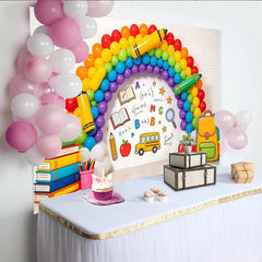 Lofaris Toile de fond pour la rentrée scolaire arc-en-ciel avec livres et bus, arrière-plan éducatif pour studio photo et fête d'école