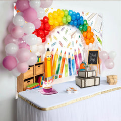 Lofaris Toile de fond pour la rentrée scolaire avec ballons arc-en-ciel et crayons, décor de fournitures scolaires pour studio photo