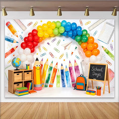 Lofaris Toile de fond pour la rentrée scolaire avec ballons arc-en-ciel et crayons, décor de fournitures scolaires pour studio photo
