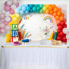 Lofaris Toile de fond pour anniversaire thème scolaire avec ballons colorés et blocs ABC, arrière-plan de fête pour enfants et studio photo