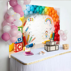 Lofaris Toile de fond pour anniversaire thème scolaire avec ballons colorés et blocs ABC, arrière-plan de fête pour enfants et studio photo