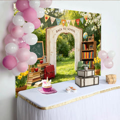 Lofaris Toile de fond pour la rentrée scolaire avec arche livre et tableau noir, décor éducatif pour studio photo et fête d'école