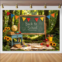 Lofaris Toile de fond pour la rentrée des classes avec tableau noir et livres, décor rustique de forêt avec tournesols pour studio photo
