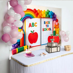 Lofaris Toile de fond colorée pour la rentrée scolaire avec ballons arc-en-ciel et pommes, décor éducatif pour studio photo