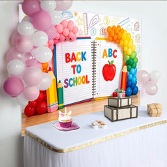 Lofaris Toile de fond pour la rentrée scolaire avec cahier ouvert et lettres ABC, décor de fête coloré avec ballons et crayons