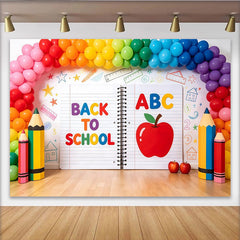 Lofaris Toile de fond colorée pour la rentrée scolaire avec ballons arc-en-ciel et cahier, décor joyeux avec crayons et pommes