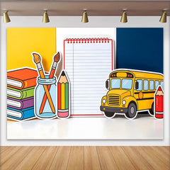 Lofaris Toile de fond pour la rentrée scolaire avec bus, livres et crayons, arrière-plan coloré pour studio photo et décoration de classe