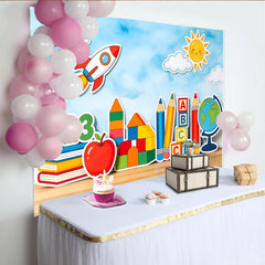 Lofaris Toile de fond pour la rentrée scolaire avec livres, chiffres et alphabet, magnifique décor éducatif pour studio photo et enfants