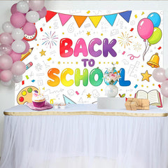 Lofaris Toile de fond de rentrée scolaire colorée avec fournitures et ballons, joyeux décor pour fête d'école et studio photo