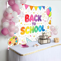 Lofaris Toile de fond de rentrée scolaire colorée avec fournitures et ballons, joyeux décor pour fête d'école et studio photo
