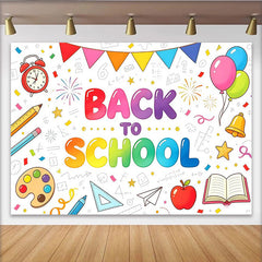 Lofaris Toile de fond de rentrée scolaire colorée avec fournitures et ballons, joyeux décor pour fête d'école et studio photo