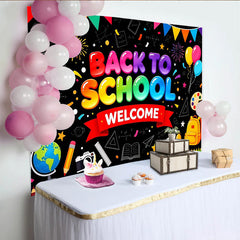 Lofaris Toile de fond pour la rentrée scolaire avec fournitures colorées, magnifique décor de bienvenue sur tableau noir pour studio photo