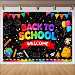 Lofaris Toile de fond pour la rentrée scolaire avec fournitures colorées, magnifique décor de bienvenue sur tableau noir pour studio photo