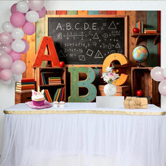 Lofaris Toile de fond de photographie école avec tableau noir alphabet et livres, décor rustique en bois aux couleurs vives pour studio photo