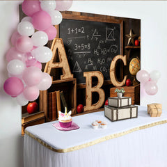 Lofaris Toile de fond rentrée scolaire vintage avec tableau noir et lettres ABC, arrière-plan éducatif en bois pour studio photo