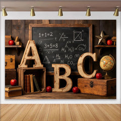 Lofaris Toile de fond rentrée scolaire vintage avec tableau noir et lettres ABC, arrière-plan éducatif en bois pour studio photo
