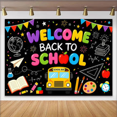 Lofaris Toile de fond rentrée scolaire avec bus et fournitures colorées, arrière-plan tableau noir pour studio photo et événement festif