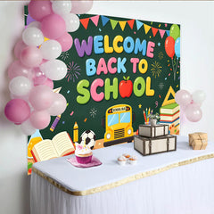 Lofaris Toile de fond colorée pour la rentrée scolaire avec bus et livres, décor de fête éducatif pour studio photo et événement scolaire