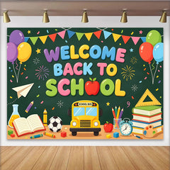 Lofaris Toile de fond colorée pour la rentrée scolaire avec bus et livres, décor de fête éducatif pour studio photo et événement scolaire