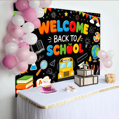 Lofaris Toile de fond colorée pour la rentrée scolaire avec bus et fournitures, décor de tableau noir pour studio photo et événement