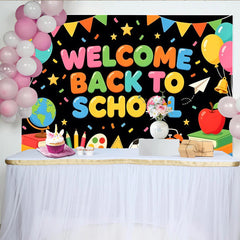 Lofaris Toile de fond colorée pour la rentrée scolaire avec fournitures et ballons, magnifique arrière-plan de fête pour studio photo et école