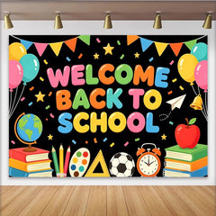 Lofaris Toile de fond colorée pour la rentrée scolaire avec fournitures et ballons, magnifique arrière-plan de fête pour studio photo et école