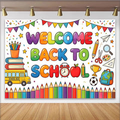 Lofaris Toile de fond colorée pour la rentrée scolaire avec bus et fournitures, joyeux décor de studio photo pour enfants et étudiants