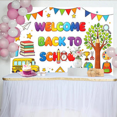 Lofaris Toile de fond colorée pour la rentrée scolaire avec bus et livres, décor de fête éducatif pour enfants et studio photo