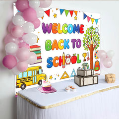 Lofaris Toile de fond colorée pour la rentrée scolaire avec bus et livres, décor de fête éducatif pour enfants et studio photo