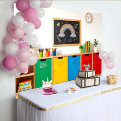 Lofaris Toile de fond de photographie arc-en-ciel pour enfants avec tableau noir et casiers colorés, lumineux arrière-plan de studio photo
