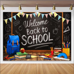 Lofaris Toile de fond rentrée scolaire tableau noir avec sac à dos et livres, arrière-plan de classe pour studio photo et décor