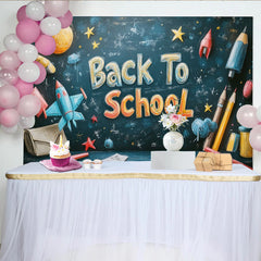 Lofaris Toile de fond rentrée scolaire tableau noir avec fusées et crayons, décor éducatif pour studio photo ou classe