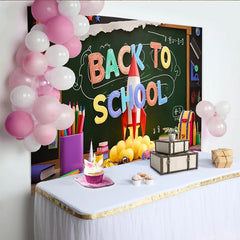 Lofaris Toile de fond colorée rentrée scolaire avec tableau noir et fusée, arrière-plan éducatif pour studio photo et fête d'école