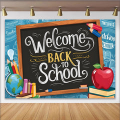 Lofaris Toile de fond tableau noir Welcome Back to School pour la rentrée scolaire, avec globe livres, arrière-plan de photographie pour studio
