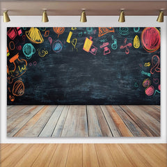 Lofaris Toile de fond de photographie tableau noir avec dessins colorés et sol en bois, créatif pour studio photo ou décoration de fête
