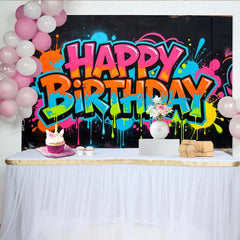 Lofaris Toile de fond d'anniversaire graffiti néon avec éclaboussures de peinture vives, décor urbain et festif pour studio photo