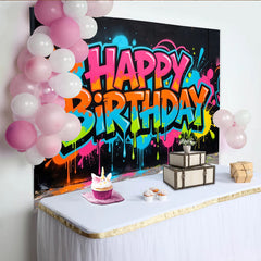 Lofaris Toile de fond d'anniversaire graffiti néon avec éclaboussures de peinture vives, décor urbain et festif pour studio photo