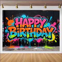 Lofaris Toile de fond d'anniversaire graffiti néon avec éclaboussures de peinture vives, décor urbain et festif pour studio photo