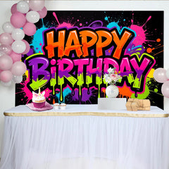Lofaris Toile de fond pour anniversaire graffiti avec éclaboussures de peinture néon, arrière-plan de fête dynamique pour studio photo