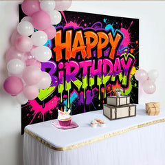 Lofaris Toile de fond pour anniversaire graffiti avec éclaboussures de peinture néon, arrière-plan de fête dynamique pour studio photo