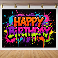 Lofaris Toile de fond pour anniversaire graffiti avec éclaboussures de peinture néon, arrière-plan de fête dynamique pour studio photo
