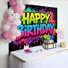 Lofaris Toile de fond anniversaire graffiti néon avec éclaboussures de peinture colorées, décor de fête vibrant pour studio photo