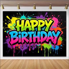 Lofaris Toile de fond anniversaire graffiti néon avec éclaboussures de peinture colorées, décor de fête vibrant pour studio photo